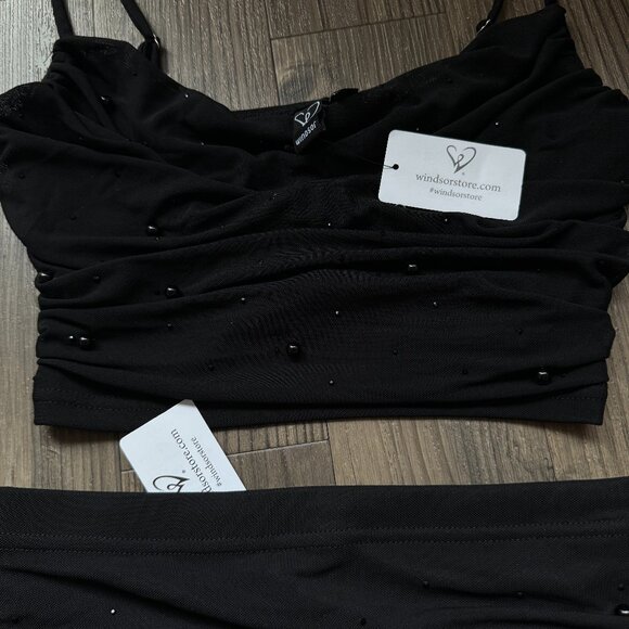 WINDSOR BLACK EMBELLISHED PEARL RUCHED MESH MIDI SKIRT CO-ORD SET - SMALL - Picture 10 of 12